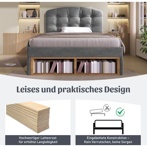 Lit 90x200 cm, sommier à lattes inclus, cadre capitonné en velours gris, tête de lit courbée réglable, coffre avec tiroirs, rangement intégré, lit enfant ou chambre, sans matelas. (1/5)