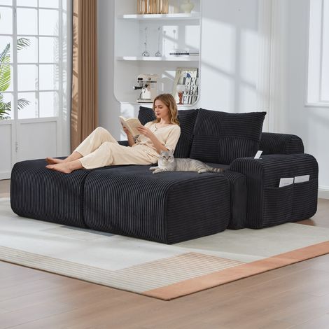 Canapé modulaire en velours côtelé pour 2 personnes (avec 2 poufs), à combiner librement, avec porte-gobelet et poche de rangement latérale, idéal pour le salon, la salle familiale et d'autres pièces,
