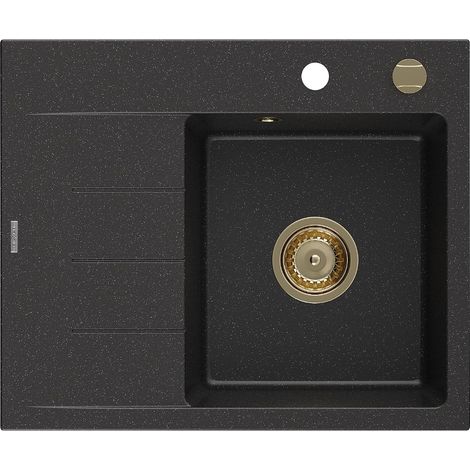 Mexen Ben fregadero de granito de 1 cubeta con escurridor, derecho 600 x 500 mm negro/metalizado plateado sifón dorado (1/5)