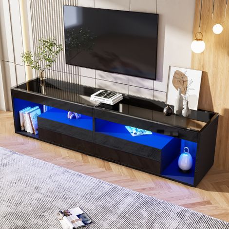 Table basse moderne avec éclairage LED 16 couleurs, table de salon rectangulaire avec 2 grands tiroirs, table de salon spacieuse en verre, design à double niveau, finition haute brillance, grande tabl