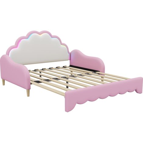 Lit banquette 140 x 200 cm en PU et MDF, rose, tête de lit avec LED (1/5)