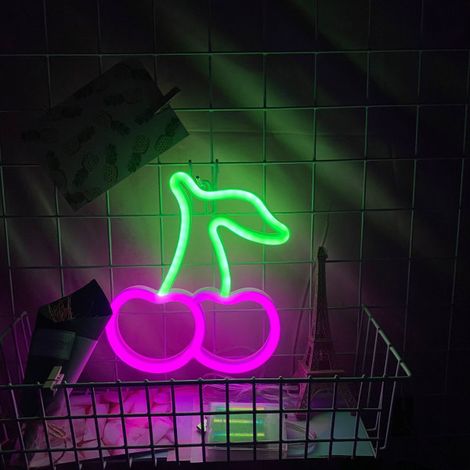 Lumière néon LED créative pour décoration de chambre, fond lumineux cerisier sur teintes vert et rose (1/3)