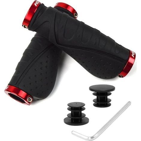 Manopole ergonomiche antiscivolo per manubrio di bicicletta, in gomma con doppio meccanismo di bloccaggio, nero/rosso (1/4)