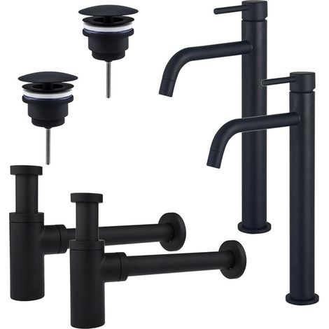 FugaFlow Eccelente Sobrado Slim Kit robinet lavabo - pour double vasque - robinet rehaussé - bonde non-obturable - siphon design - Noir mat (1/4)