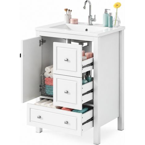 ELVMI Waschtischunterschrank mit 1 Tür und 3 Schubladen, Soft-Close, Badezimmer, MDF, 62 x 47 x 90 cm, Weiß (1/5)
