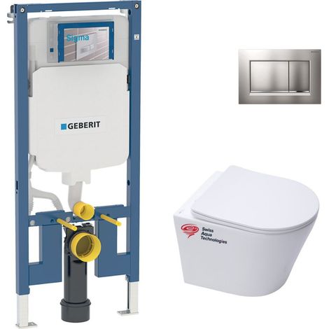 Pack WC Bastidor Geberit UP720 extraplano + WC SAT Infinitio sin brida + Asiento Softclose + Placa cromo mate