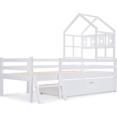 Lit cabane enfant 90x200 cm blanc avec échelle, tiroirs et sommier (1/5)