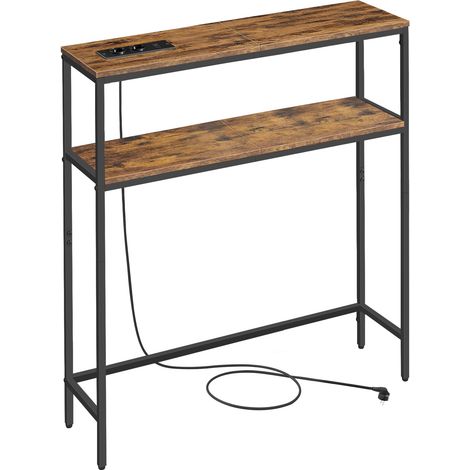 Vasagle – Table console étroite avec multiprise intégrée – 2 étagères – 20 x 80 x 80 cm – Panneau aggloméré et acier – Marron rustique et noir d'encre