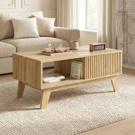 Mesa de Centro Auxiliar con Puerta Corredera y Almacenaje, Estilo Nórdico, Roble, 95x48x41 cm (1/5)