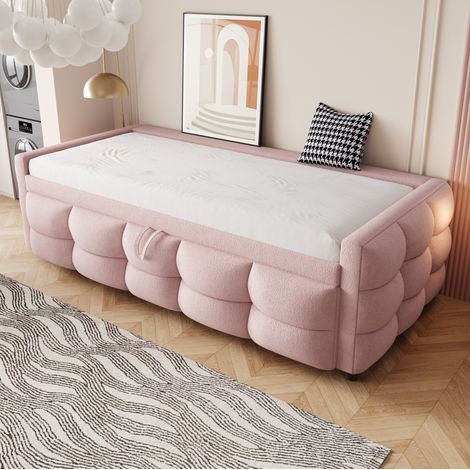 DESVIAE Lit gigogne rembourré canapé lit extensible 90 x 190 et 180 x 190 tissu teddy rose sommier à lattes lit simple double gain de place (1/5)