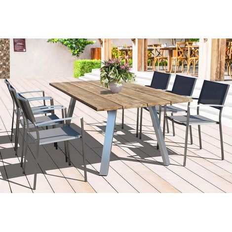 Set tavolo da esterno 200x100x74 cm in alluminio e legno teak con sei sedie - Marche