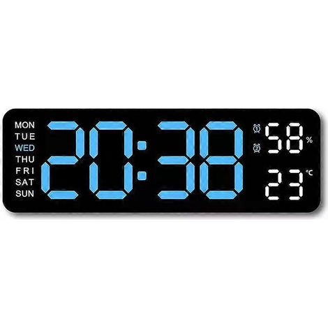Grande horloge murale numérique avec affichage de la température, de la date et du jour de la semaine, télécommande, fonction arrêt automatique, mémoire, double alarme, affichage LED. (1/5)