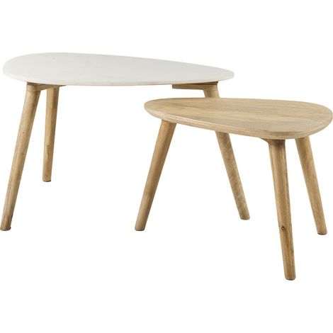 Tables basses gigognes marbre blanc et bois manguier massif (lot de 2) EVY (1/5)