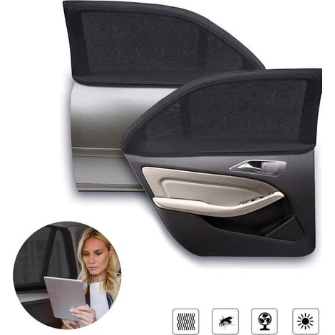 Parasole per auto, set da 2. Blocca efficacemente le radiazioni UV. Parasole a rete per finestrini auto. Protezione da sole e zanzare. Protegge dal gelo e dal calore. (1/5)