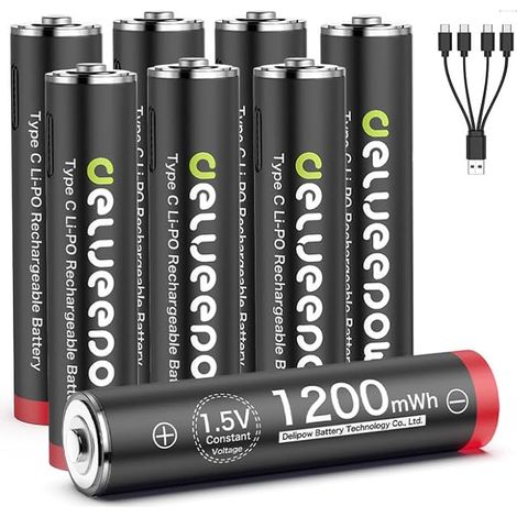 Pile AAA Rechargeable 1.5V Pression Constante,Pile Rechargeable AAA 1200mWh avec 1500 Cycle 8 Piles USB C (1/5)