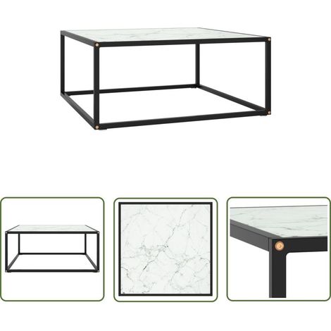 The Living Store Table basse Noir avec verre marbre blanc 80x80x35 cm - Table Basse - Meuble Salon - Table D'appoint - Table Design - Table Contemporaine (1/5)