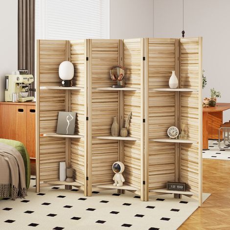 Paravent intérieur bois 4 panneaux 160x170 cm, séparateur pliable 3 étagères effet brûlé. Paravent avec étagères pour un rangement style wabi-sabi, authentique et original. (1/5)