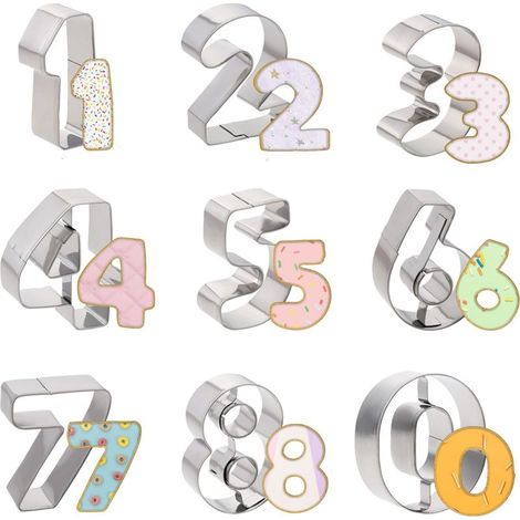 Set mit 9 zahlförmigen Ausstechformen für Geburtstage von 0 bis 8 (6 spiegelverkehrt zu 9), aus Edelstahl zum Backen, zahlförmiges Backwerkzeug für Geburtstagskekse. (1/5)