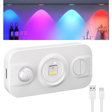 Iluminación para armarios con detector de movimiento, mini LED de 7 colores para vitrinas, ideal para dormitorios, escaleras, cocinas y armarios. (1/5)