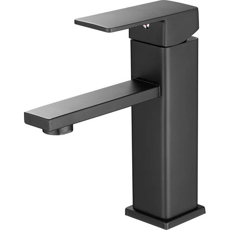 Mitigeur de lavabo à un trou, forme carrée, noir, monocommande avec cartouche céramique, en acier inoxydable(Inclut un tuyau d'arrivée d'eau de 60 cm) (1/5)