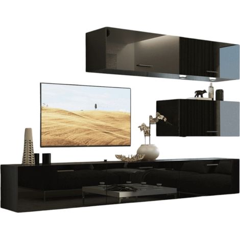 Ensemble de meubles de salon noir, suspendus collection CEPTO XXV. 249cm, 6 meubles, leds, modulables.