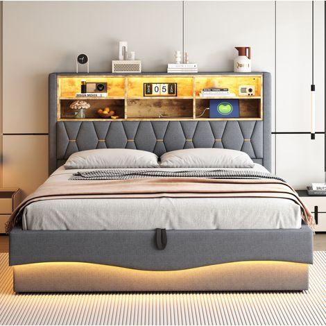 Lit coffre 180 x 200 cm rembourré en lin gris avec LED et USB, grand rangement et structure stable (1/5)