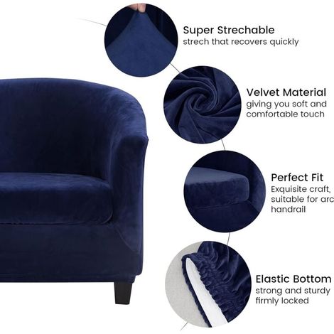 Housses de chaise de baignoire 2 pièces, design 2 en 1 amélioré pour fauteuil en velours extensible avec housse de coussin, chaises baquets club antidérapantes, housses de canapé (bleu marine, velours (1/4)