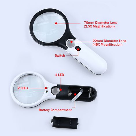 Lupa portátil con iluminación LED y gran aumento (de 2,5x a 45x) para leer joyas, mapas, periódicos y sellos. (1/2)