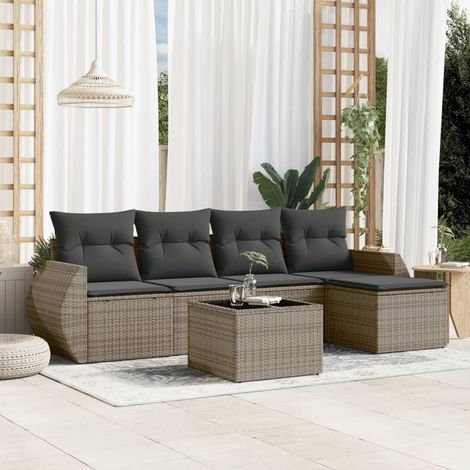 Set de muebles de jardín 6 pzas y cojines ratán sintético gris vidaXL (1/3)