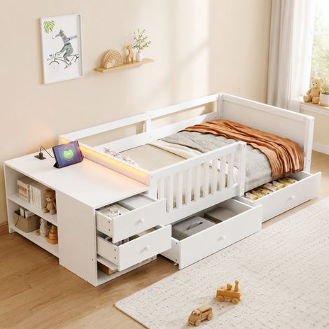 Kinder-Hochbett 90x200 cm mit Schreibtisch, Stauraum, LED und Steckdose, weiß OKMYHOME (1/5)