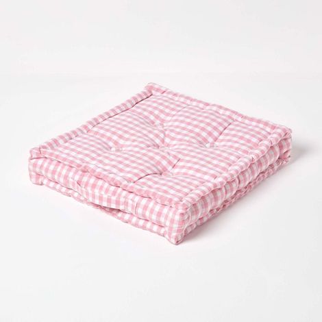 HOMESCAPES Cotton Gingham Check Pink Floor Cushion, 40 x 40 cm
