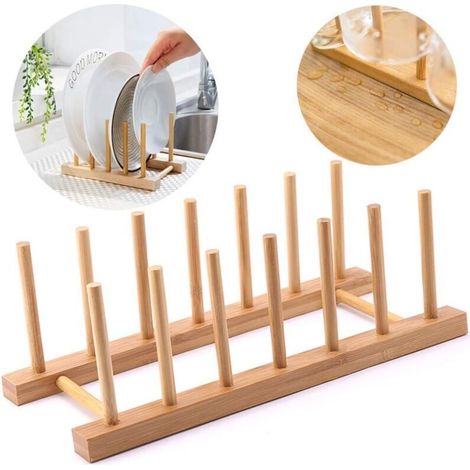 Rack Plateau Rangement Porte Vaisselle Cuisine Plaque Bambou Egouttoir Verticale Support Bambou Assiettes pour Assiettes, Bols, Tasses, Couvercles Casseroles, Planches Découper,Livres—6 Grilles (1/5)