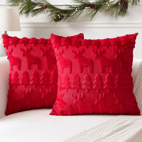 Lot de 2 Doux Peluche Laine Courte Velours Décoratif Housses de Coussin Luxe Style pour Canapé Chambre - Wapiti et Arbre de Noël Rouge, 45 x 45 cm (1/5)