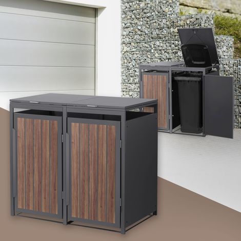 ML-Design 2x Cobertizos para Ocultar Cubos de Basura 240L Roble Antracita Oscuro 132x80x120cm Acero Caseta para Jardín Contenedor Exterior Caja con Tapa Abatible y Puerta Resistente a la Intemperie (1/5)