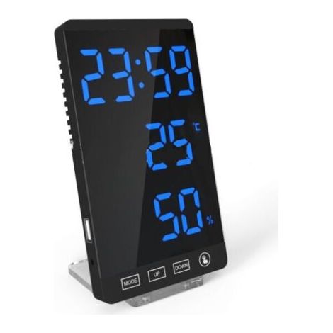 Horloge à miroir LED thermomètre et hygromètre réveil météo électronique en noir et bleu (1/5)