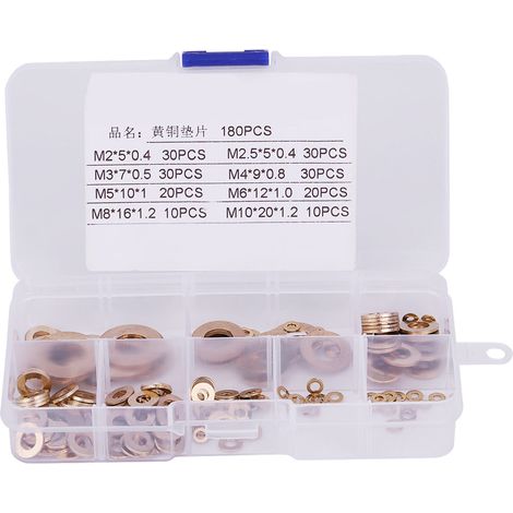 180-teiliges Sortiment an Messing-Flachscheiben mit Box M2/M2,5/M3/M4/M5/M6/M8/M10 (1/5)