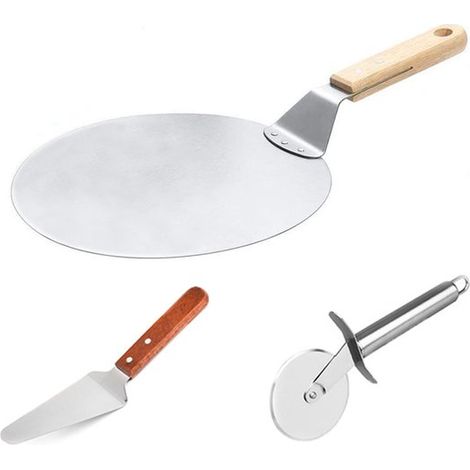 Ensemble de 3 ustensiles de cuisine : pelle à pizza ronde en métal, grande planche à pizza avec manche en bois, roulette à pizza en acier inoxydable, pelle triangulaire avec manche en bois (1/5)