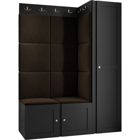 Meuble d'entrée Hartford 377, Noir, 186x124x46cm, Stratifié, Tissu, MDF, À poser, Murale