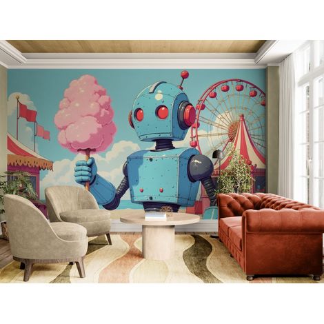 Papier peint Enfant – Robot bleu vintage et barbe à papa - 150 x 250 cm (1/2)
