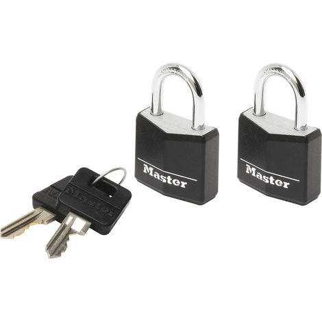 Master Lock 9120EURTBLK 2-er Set Vorhängeschloss mit Schlüssel aus Aluminium mit Vinylabdeckung, Schwarz, 2 x 3,4 x 1,4 cm