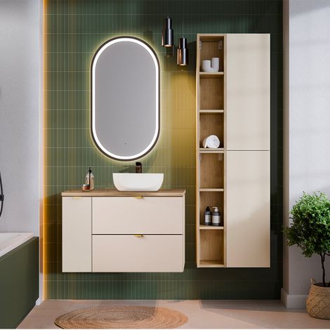 Ensemble meuble simple vasque 80cm 3 tiroirs et colonne Azel Cachemire et Bois (1/5)