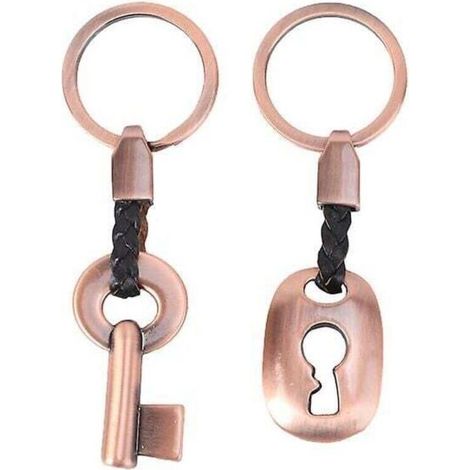 Lot de 2 porte-clés créatifs en cuir pour couple, anneau porte-clés, porte-clés, serrure à clé, cadeau (bronze rouge)