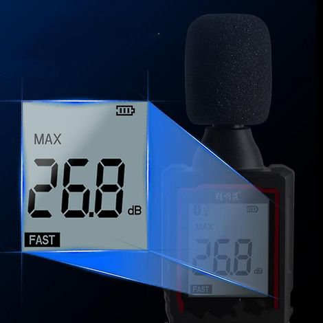 Dezibelmesser (30–130 dBA/dBC) mit LCD-Hintergrundbeleuchtung, Maximalwertspeicherung, Empfindlichkeitseinstellung und Ein-/Ausschalter (1/3)
