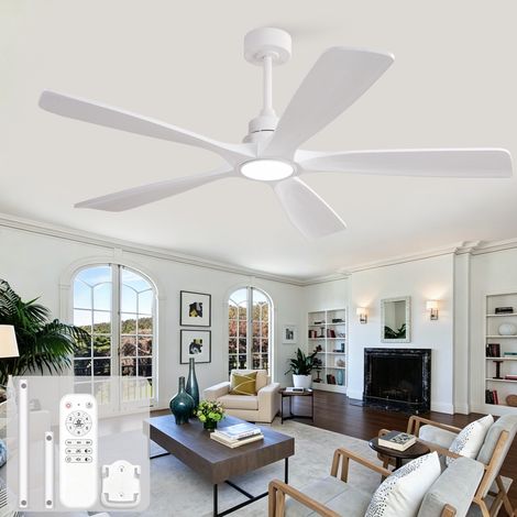 Ventilateur de Plafond Blanc 152cm avec Éclairage LED Variable, 5 Pales Bois Massif, Moteur DC Silencieux, Télécommande, Grand Ventilateur Salon (1/5)