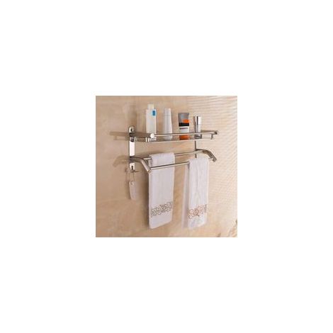 Porte-serviettes chromé, étagère à serviettes en acier inoxydable, barres porte-serviettes de salle de bain, support à serviettes avec étagère et crochets muraux, 50 cm-Crezuo