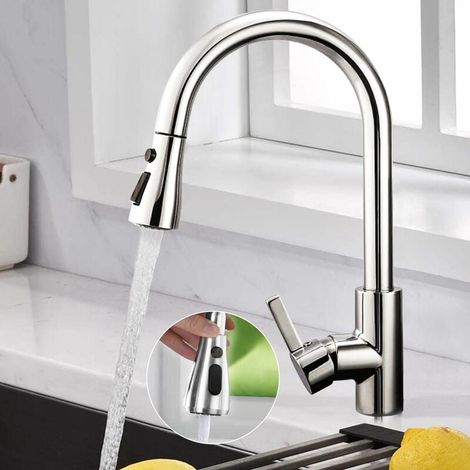 Grifo de cocina con rociador extraíble, grifo mezclador de cocina con 3 modos, cromado, grifo de cocina de acero inoxidable 304 con rociador extraíble (1/5)