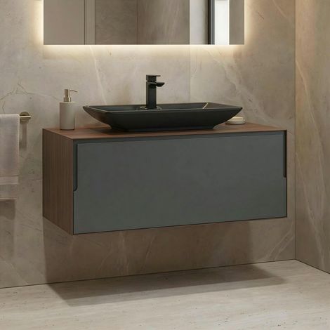 Meuble vasque suspendu gris 100 cm décor noyer et anthracite 2 tiroirs RIA (1/5)
