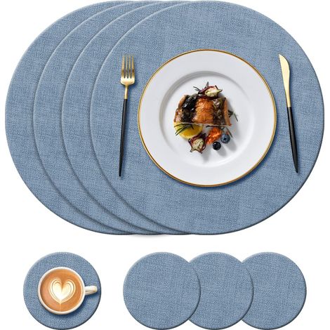 Lot de 4 sets de table ronds en cuir, résistants à 100°C, antidérapants, imperméables et faciles à nettoyer, bleu. (1/5)