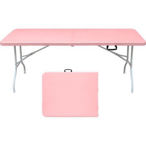 Table pliante 180cm – Rose – Poignée – Capacité 135kg – Camping/Pique-nique/Fêtes – Portable (1/5)