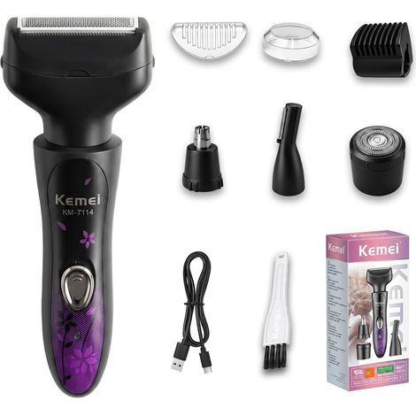 Women's 4-in-1 Cordless Electric Shaver, Purple Black 6500 RPM, IPX4 Splashproof, Body Shaver for Face, Armpits, Legs, Arms and Bikini (1/5)